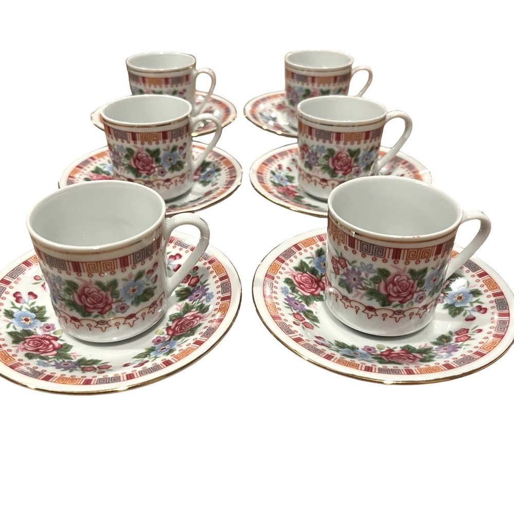 6 Asian Demitasse and Saucer Set Chinese Porcelain with Floral Design